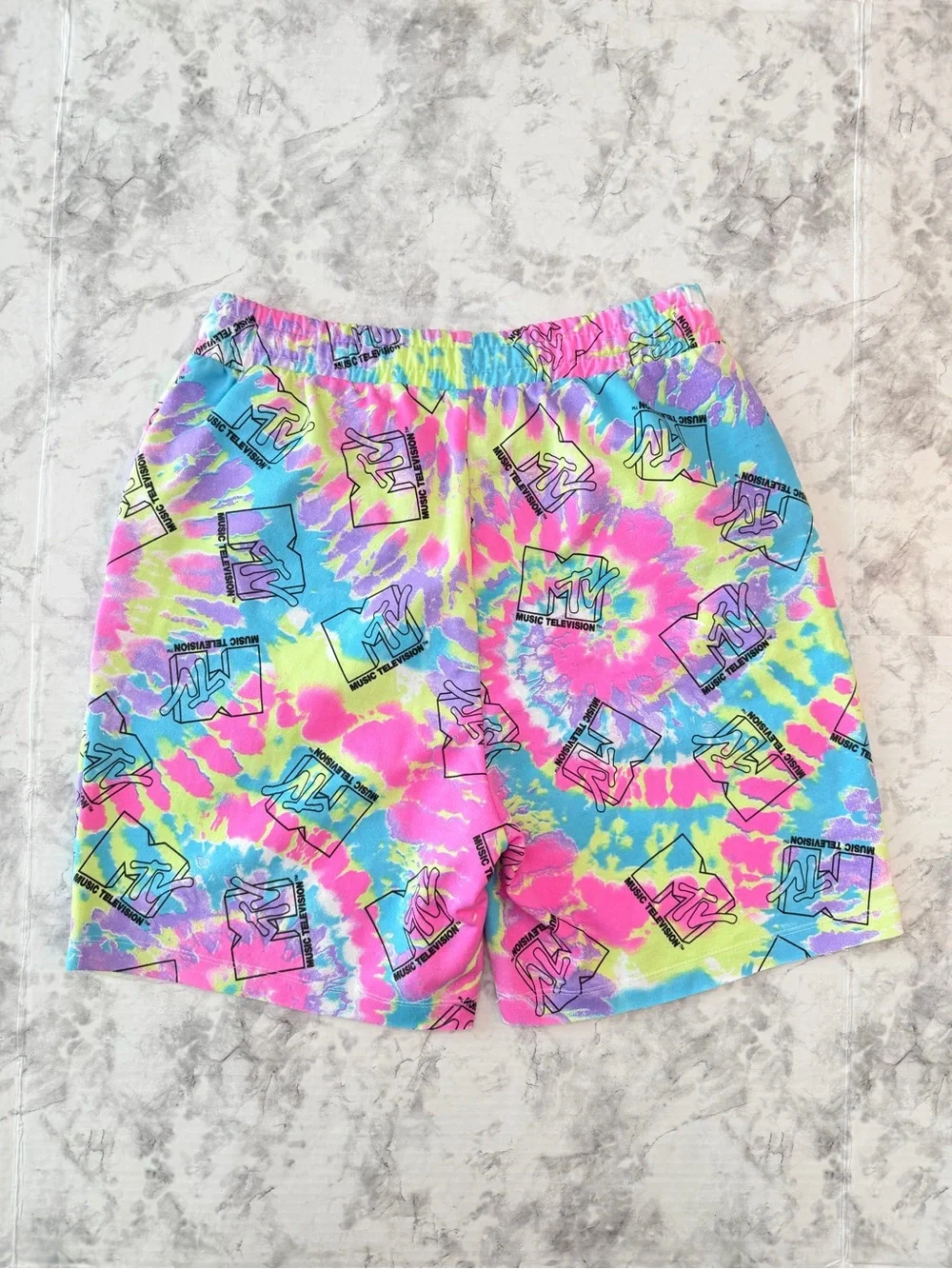 MTV Tie-Dye Logo Drawstring Shorts - Pink, Blue, Yellow, Green